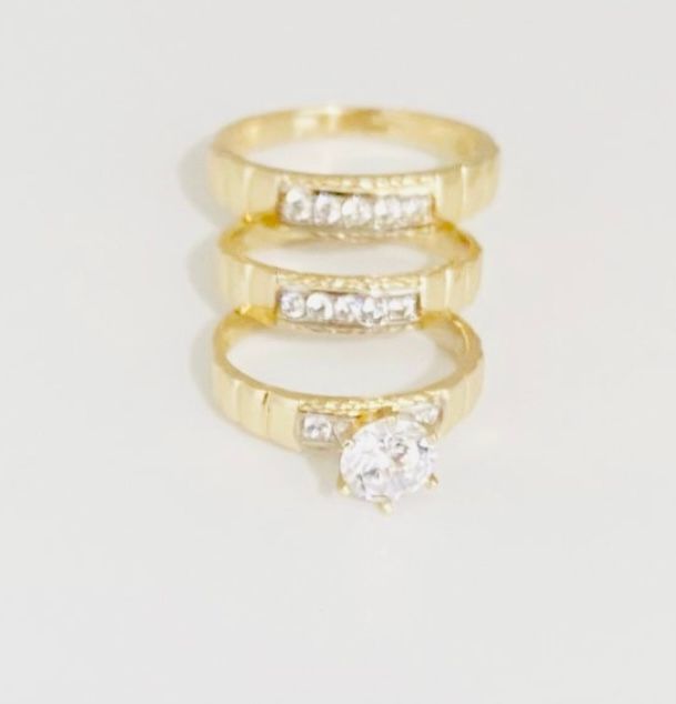 ​ Cubic Zirconias Engagement Trio Wedding Band  ​Set 14 K Yellow Gold