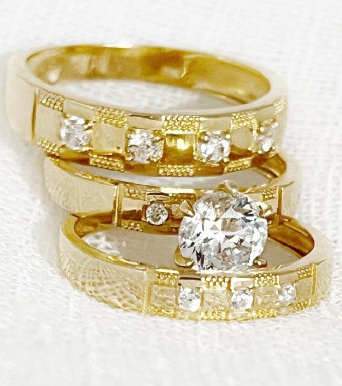 Cubic Zirconias Engagement Trio Wedding Band Set 14 K Yellow Gold Size 7 and 10