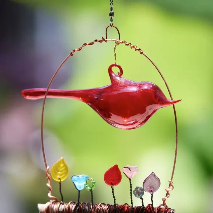 WWG Large Handblown Glass Bird over Glass Flower Garden