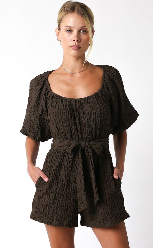 SOPHIE TIE FRONT COFFEE ROMPER