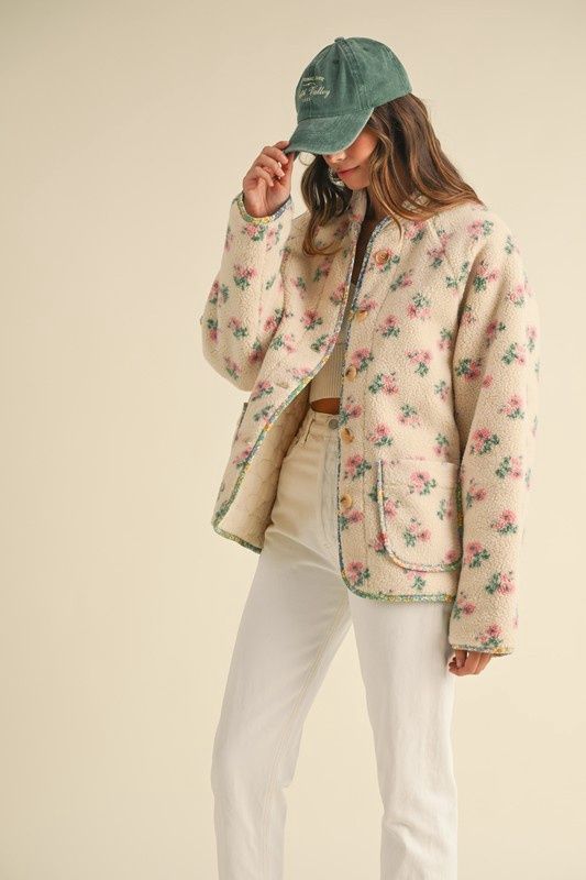 EMILY FLORAL SHEARLING JACKET, Colour: CREAM, Size: SMALL