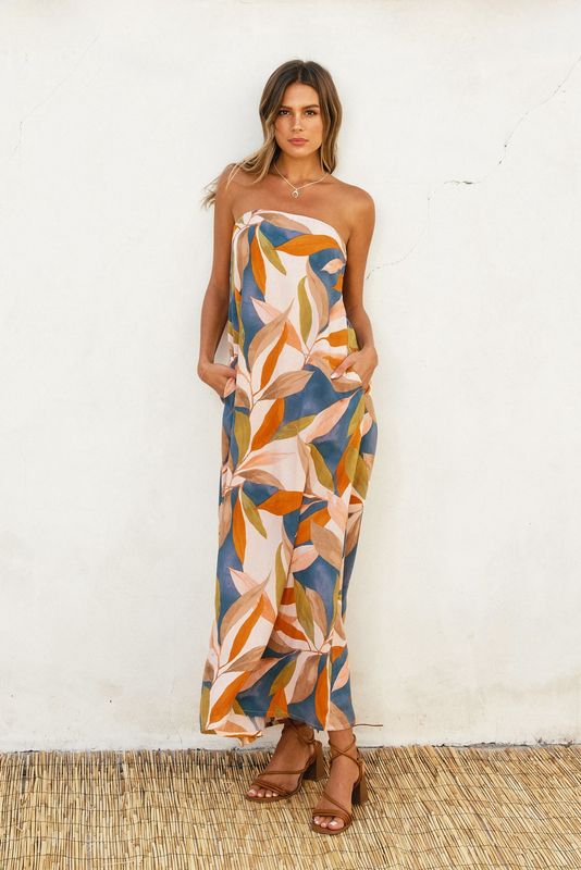 DESTINATIONS STRAPLESS TIE BACK MAXI