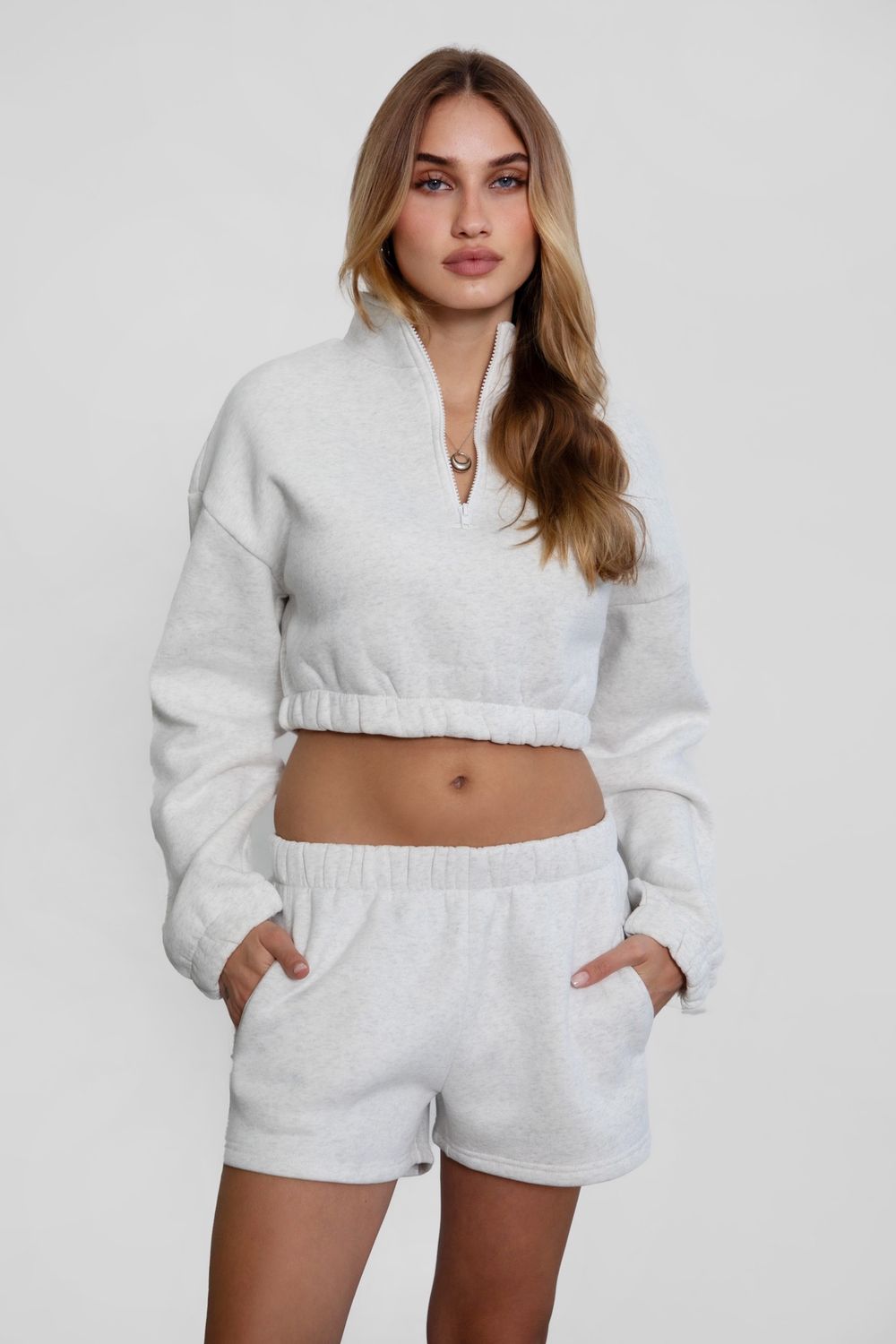 AIMLEE ESSENTIALS CROP PULLOVER, COLOR: HEATHER WHITE, Size: SMALL