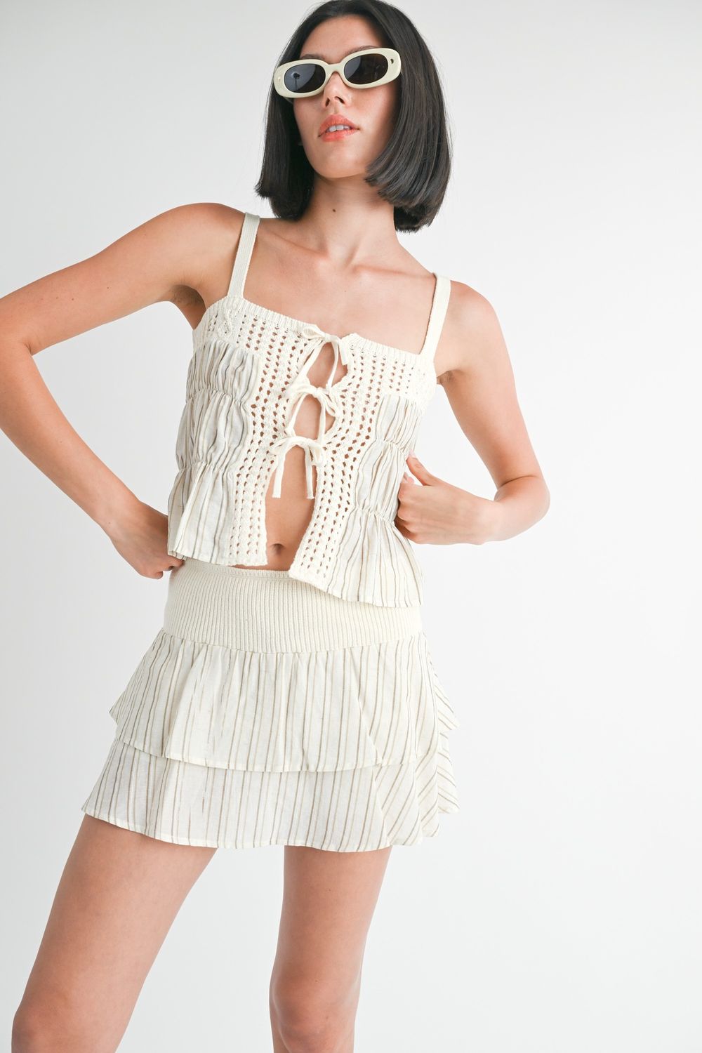 TANS FADE TIE FRONT MIX KNIT TOP
