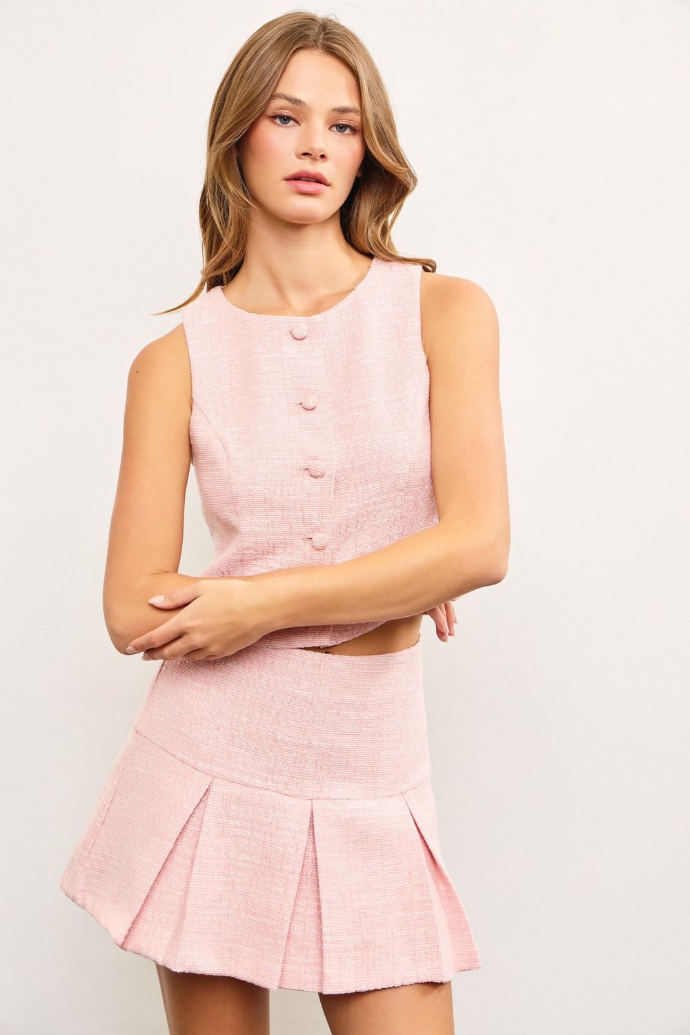 SPRING SECRETS VEST PLEATED SKIRT SET, COLOR: PEACH BLUSH, Size: SMALL