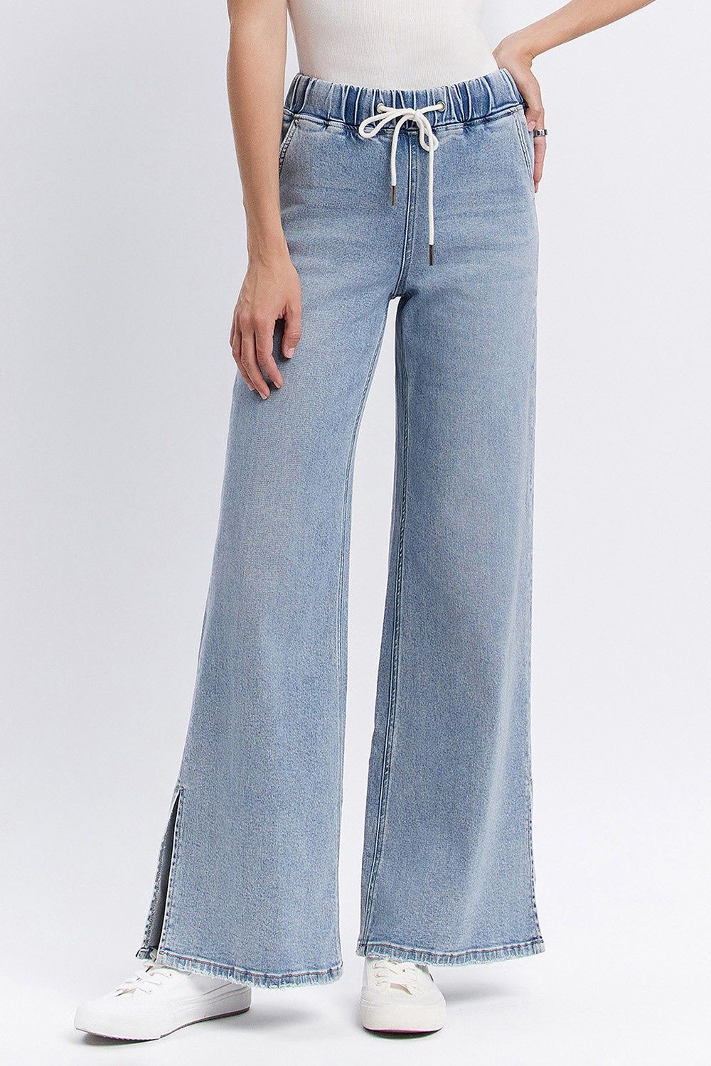 WHOLESOME DRAWSTRING SLIT WIDE LEG JEANS