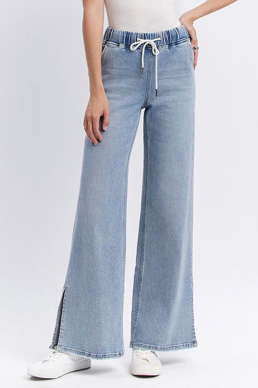 WHOLESOME DRAWSTRING SLIT WIDE LEG JEANS