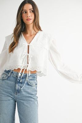 STASSI EMBROIDERED EYELET PUFF SLEEVE TOP