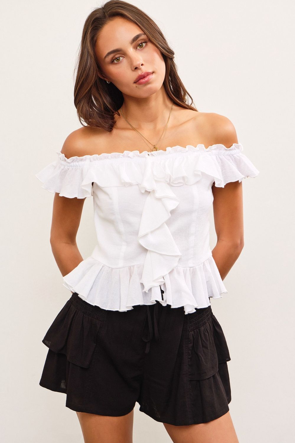 BEACH TALK RUFFLE OFF SHOULDER TOP