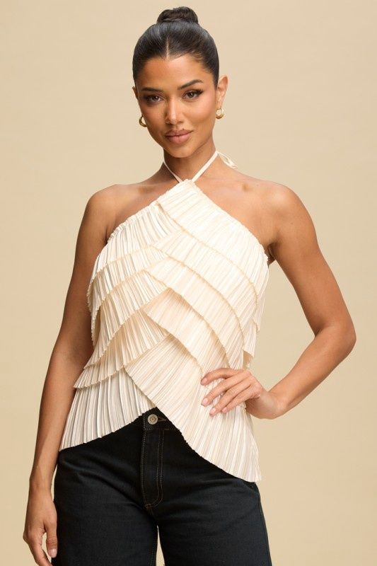 BLOSSOM LAYERS HALTER TOP, Colour: CHAMPAGNE, Size: SMALL
