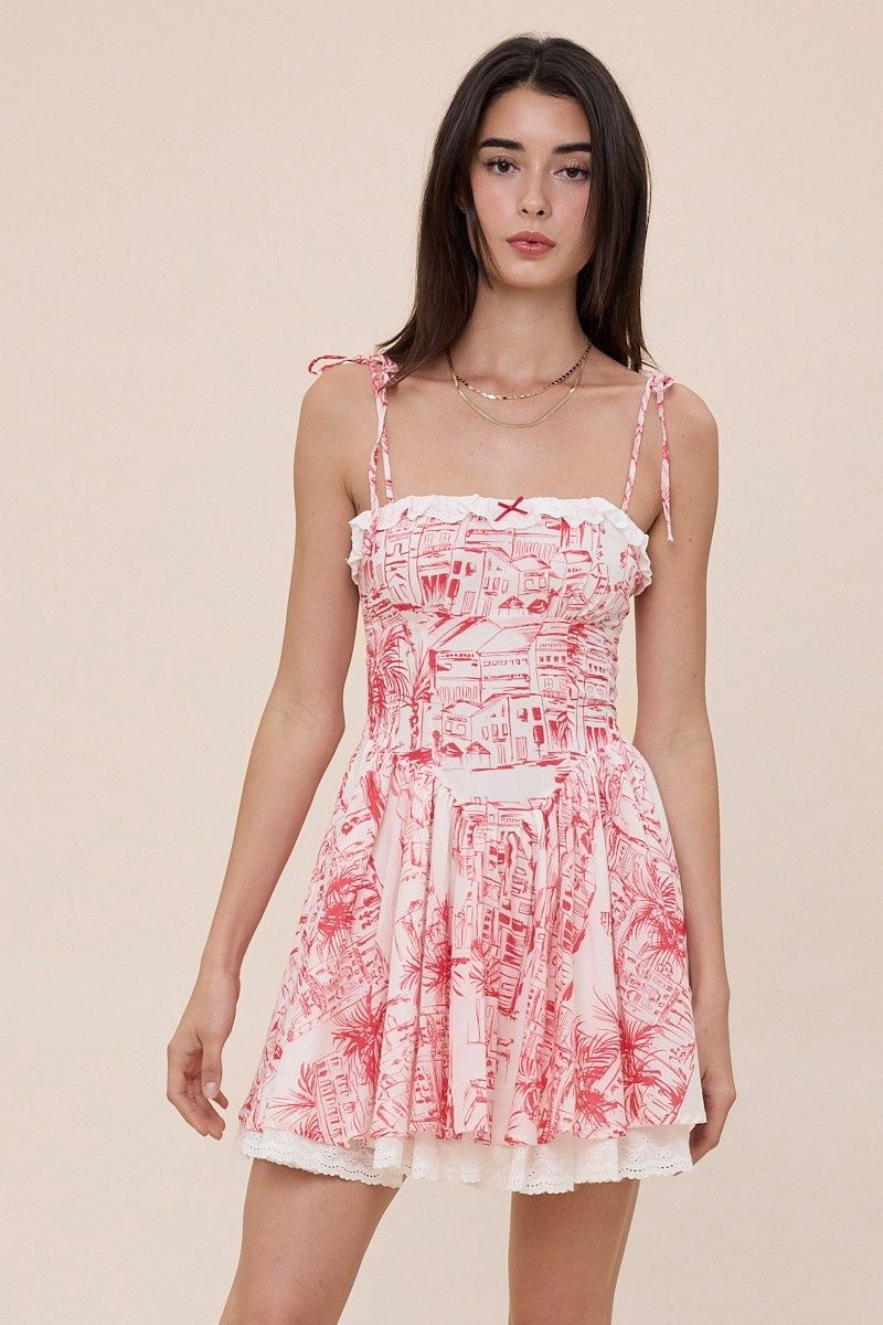 PORTOFINO PRINT TIE FIT FLARE MINI DRESS