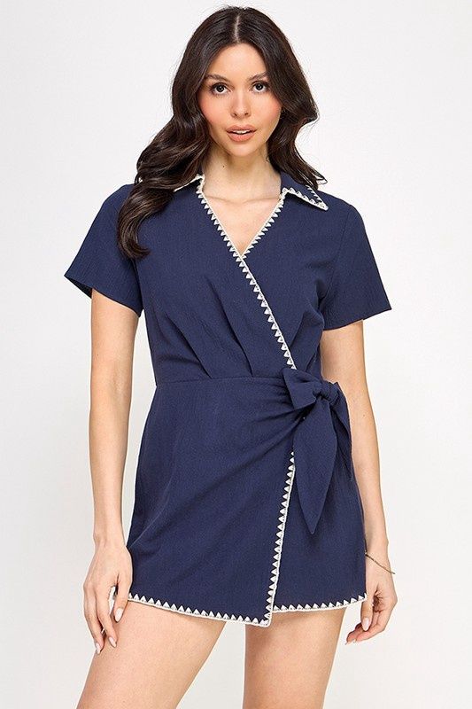 EVIE SURPLICE ROMPER, Colour: NAVY, Size: SMALL
