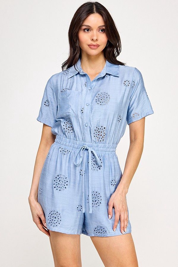 BREEZY EYELET ROMPER, COLOR: LT BLUE, Size: SMALL