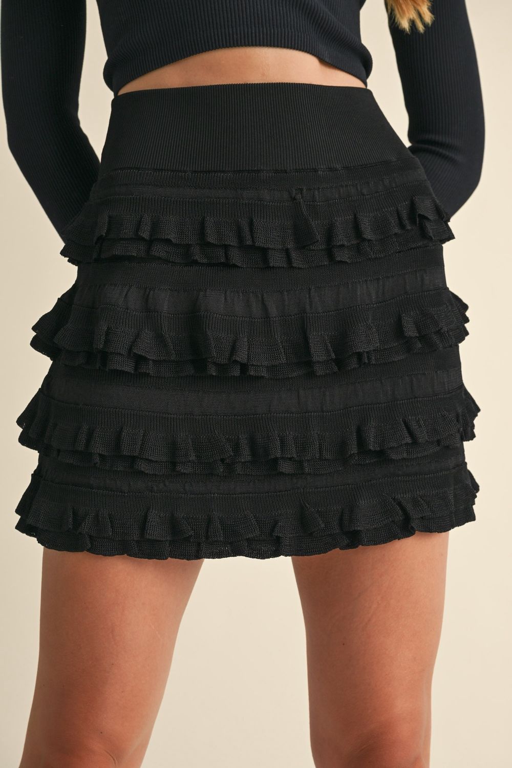 RIONA RUFFLE KNIT TIERED MINI SKIRT