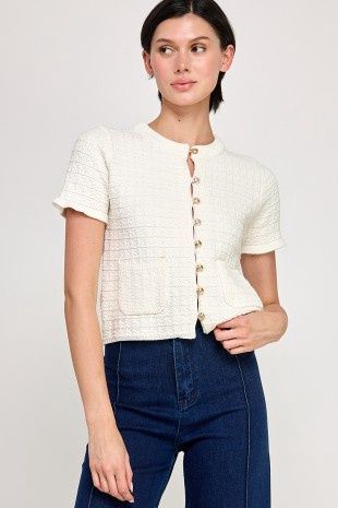 CALVI RUFFLE KNIT SS CARDIGAN