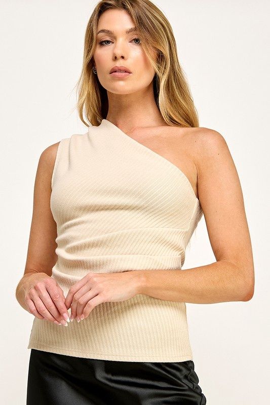 CARA ONE SHOULDER RIBBED TOP, Colour: BEIGE, Size: SMALL