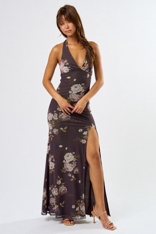RHODES FLORAL HALTER MAXI DRESS, Colour: BROWN, Size: SMALL
