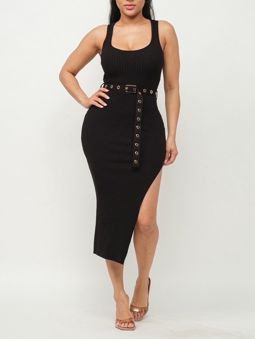 APERTIVO RIB KNIT BELT MIDI DRESS