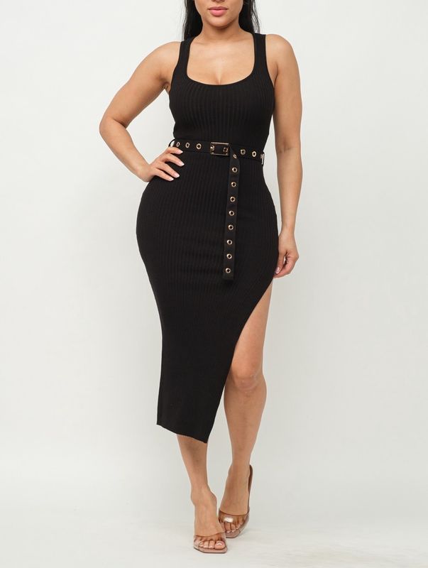 APERTIVO RIB KNIT BELT MIDI DRESS