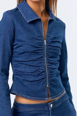 SABINA RUCHED ZIP DENIM TOP