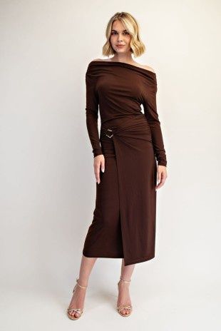 GENEVIEVE METAL BUCKLE DRAPE MIDI DRESS