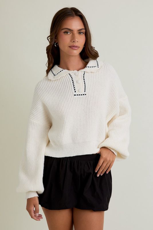 ROBIN RIB KNIT LACE TRIM SWEATER