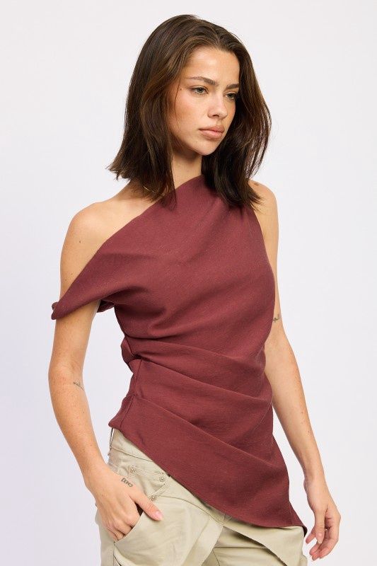 AINSLEY RUCHED OFF SHOULDER TOP, Colour: MAROON, Size: SMALL