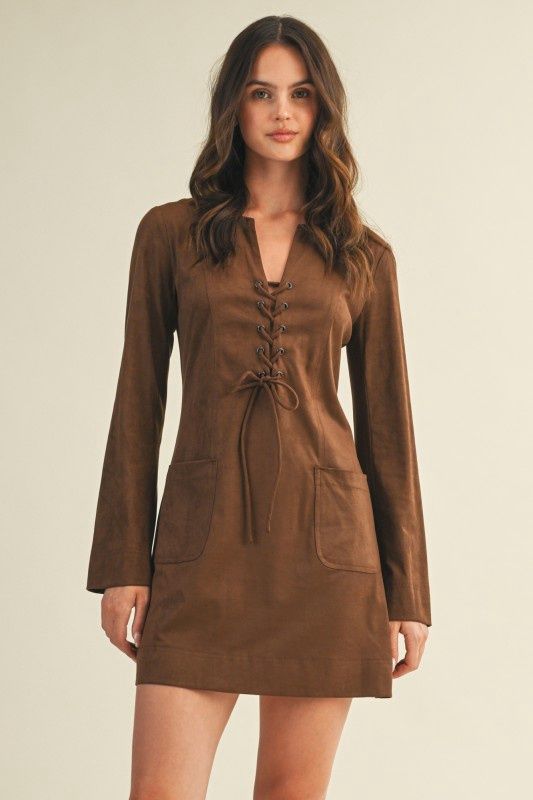 REESE SUEDE LACE UP MINI DRESS, Colour: ESPRESSO, Size: SMALL