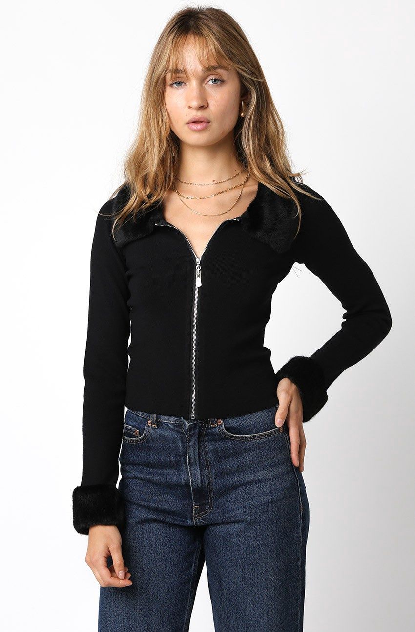 MATTIE ZIP FUR TRIM SWEATER