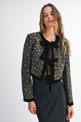 LEOPARD VELVET BOW CARDIGAN