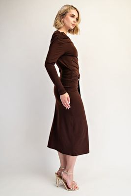 GENEVIEVE METAL BUCKLE DRAPE MIDI DRESS