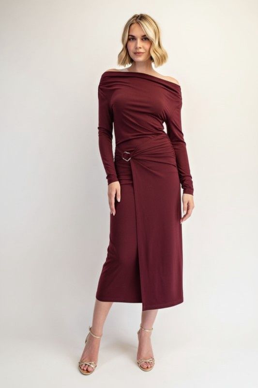 GENEVIEVE METAL BUCKLE DRAPE MIDI DRESS, COLOR: WINE, Size: SMALL