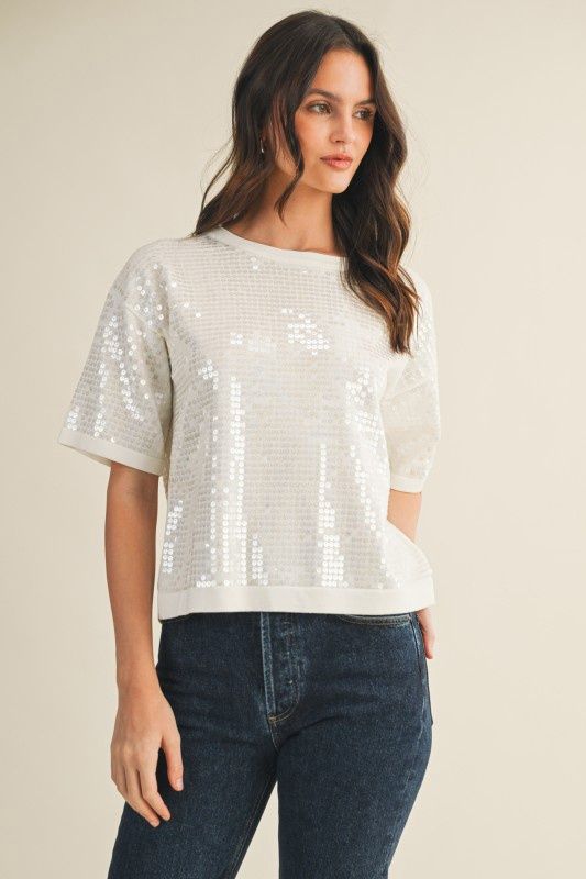 JESS SEQUIN KNIT TEE, Colour: WHITE, Size: SMALL