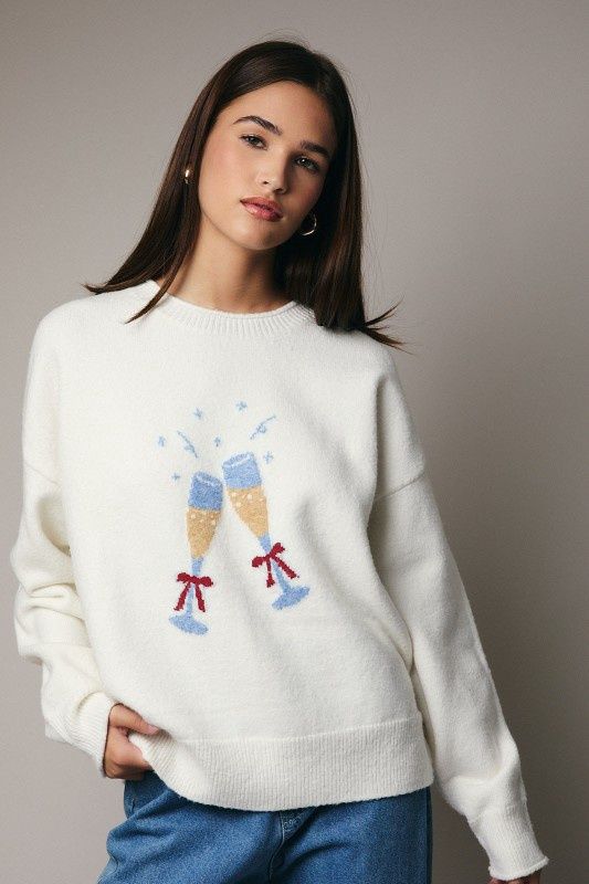 CHAMPAGNE CHEERS SWEATERS, Colour: CREAM, Size: SMALL