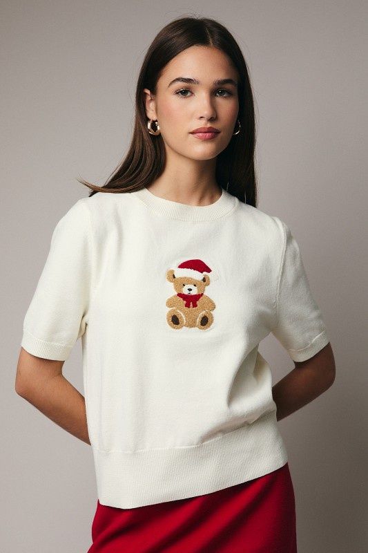 HOLIDAY TEDDY SWEATER, Colour: CREAM, Size: SMALL