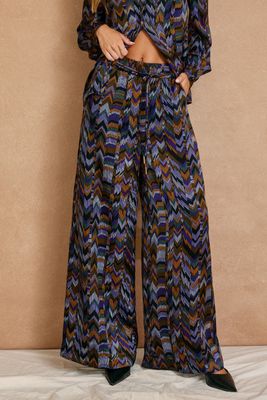 ECLIPSE PRINT BELT SATIN WIDE LEG PANTS