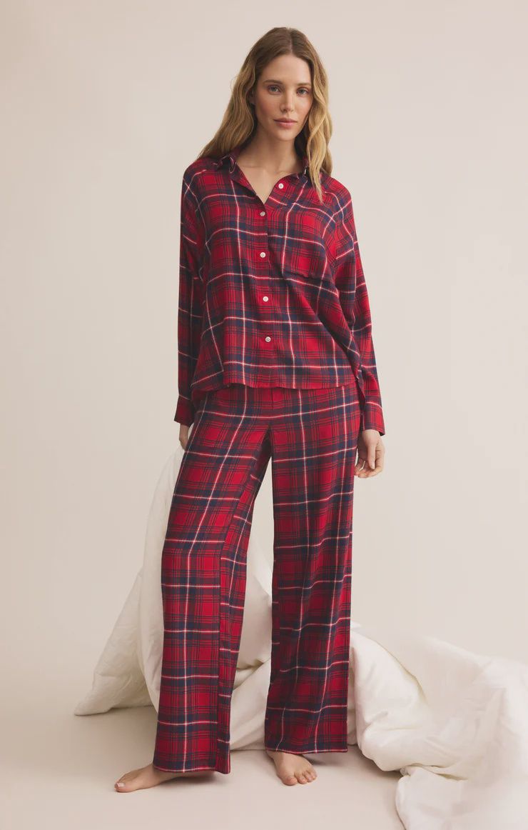 RIVER PLAID BUTTON UP PJ TOP, Colour: RED, Size: XSMALL