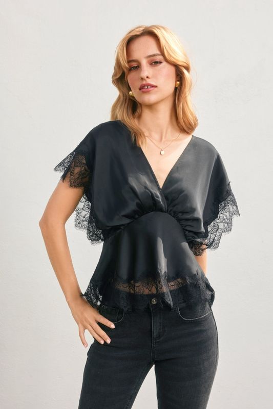 DULLY SATIN LACEY BLOUSON TOP