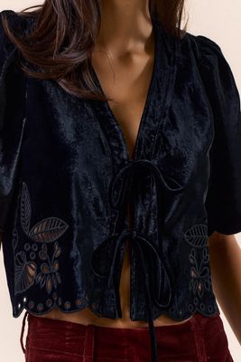 VELLA VELVET PEPLUM TIE TOP