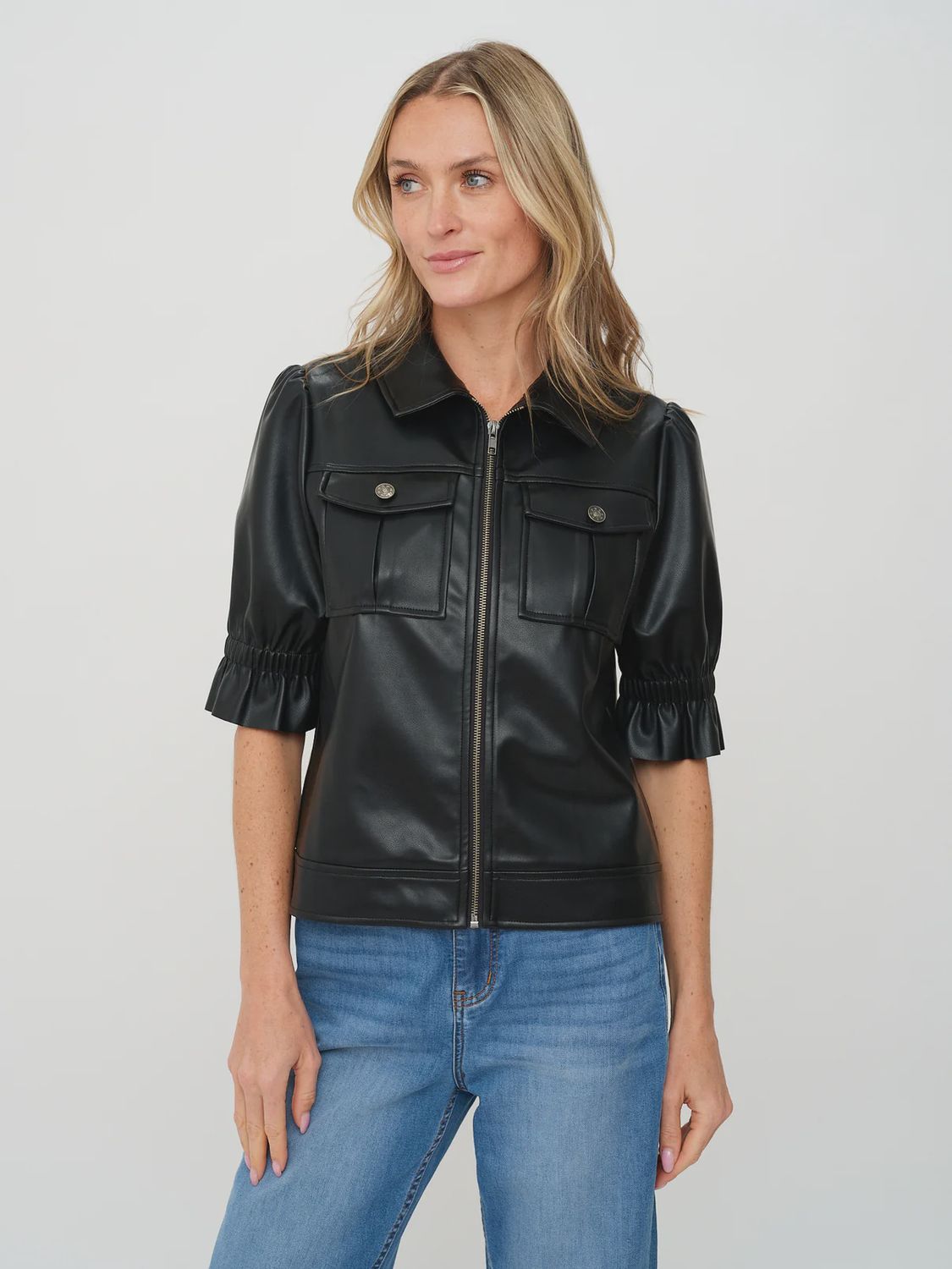 JENNIFER LEATHER FLUTTER SLEEVE JACKET, COLOR: BLACK, Size: XSMALL