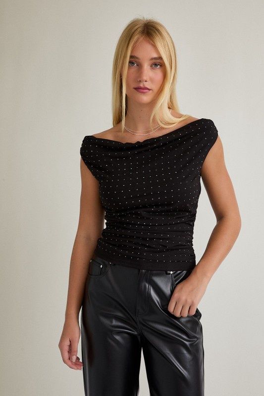 NEW HORIZONS  SHIMMER OFF THE SHOULDER TOP, Colour: BLACK, Size: XSMALL