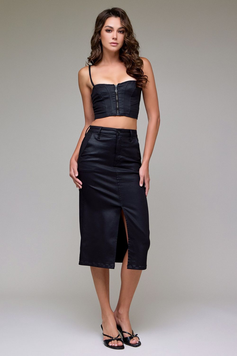 PEYTON COATED HIRISE MIDI TROUSER SKIRT