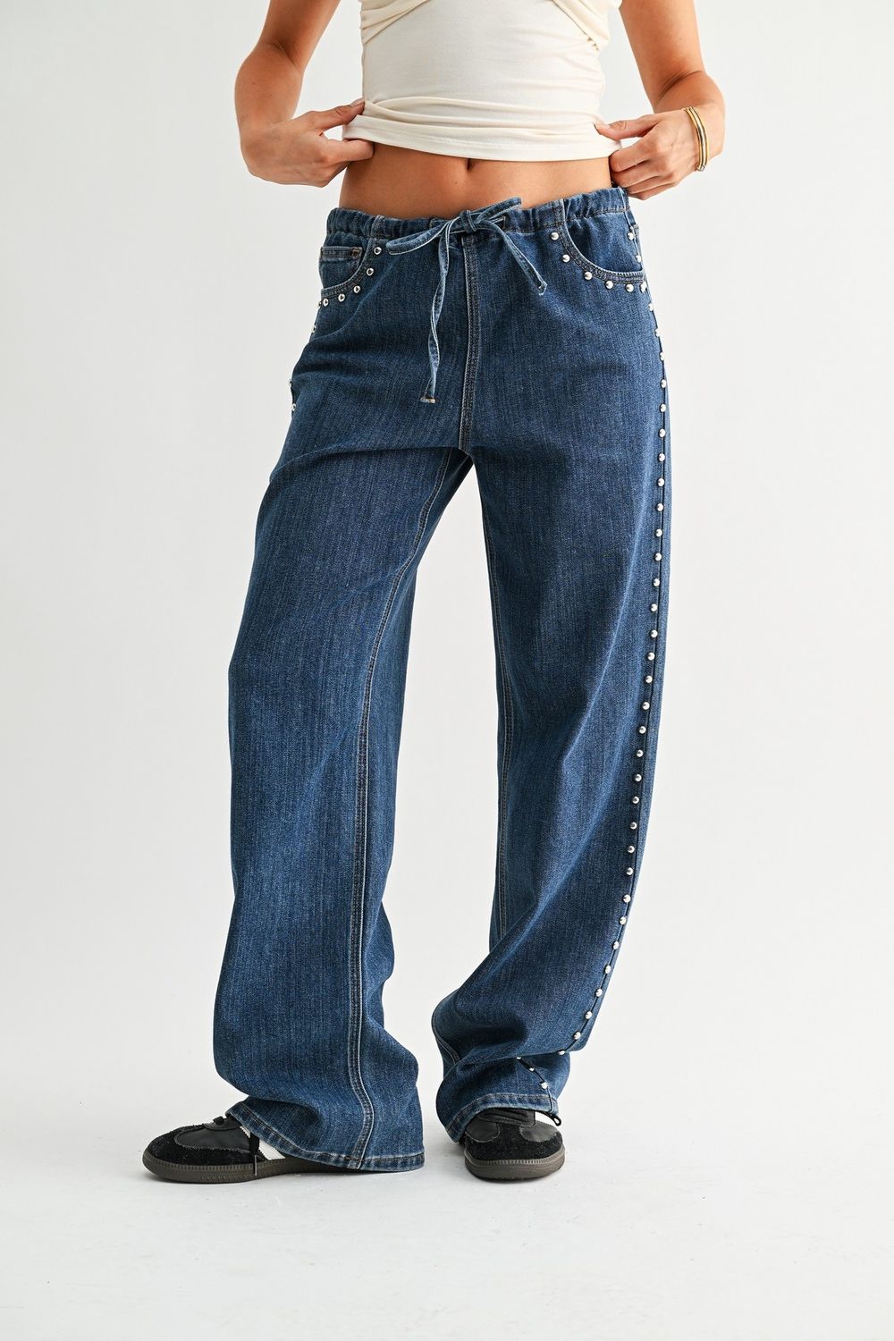 CYAN STUDDED DRAWSTRING WIDE LEG DENIM