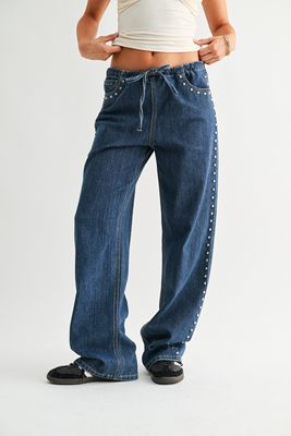 CYAN STUDDED DRAWSTRING WIDE LEG DENIM