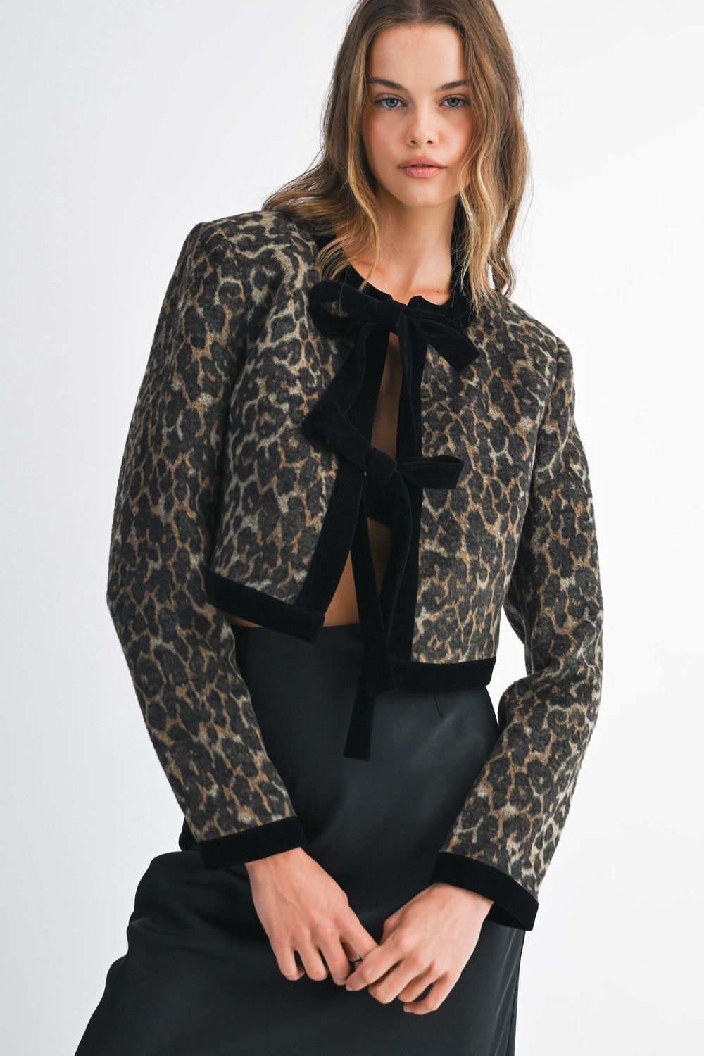 LEOPARD VELVET BOW CARDIGAN