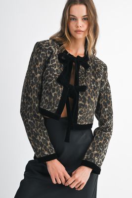 LEOPARD VELVET BOW CARDIGAN