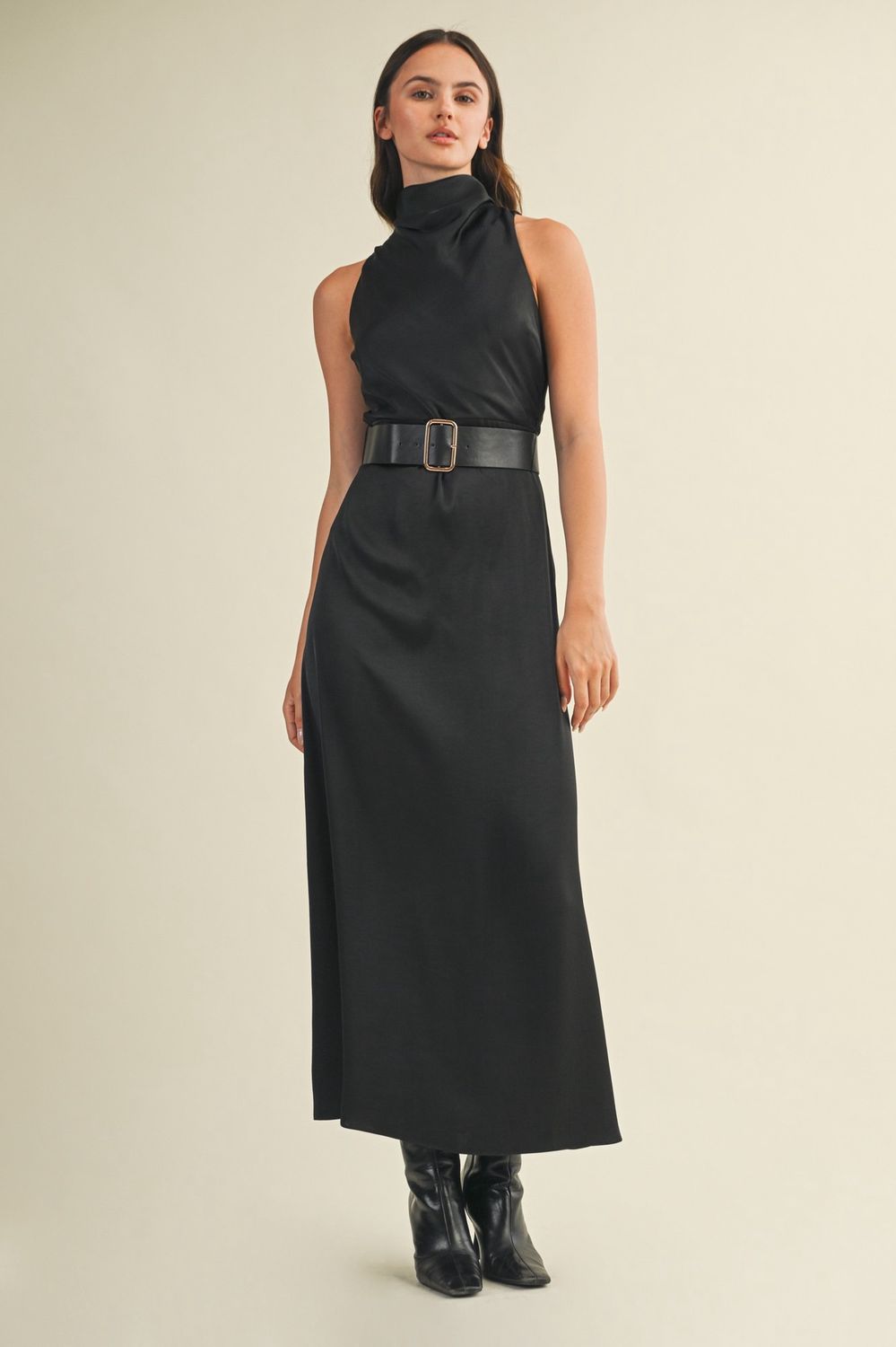 ZINNIA HI NECK BELTED SILKY DRESS