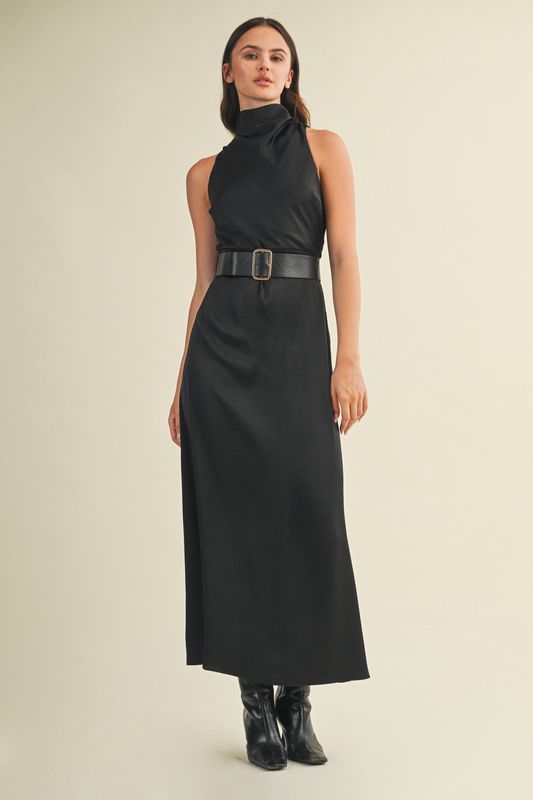 ZINNIA HI NECK BELTED SILKY DRESS