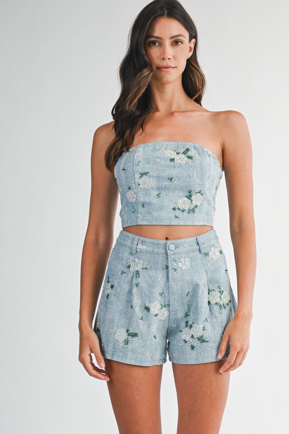 DELPHINÉ BEADED DENIM TUBE SHORT SET