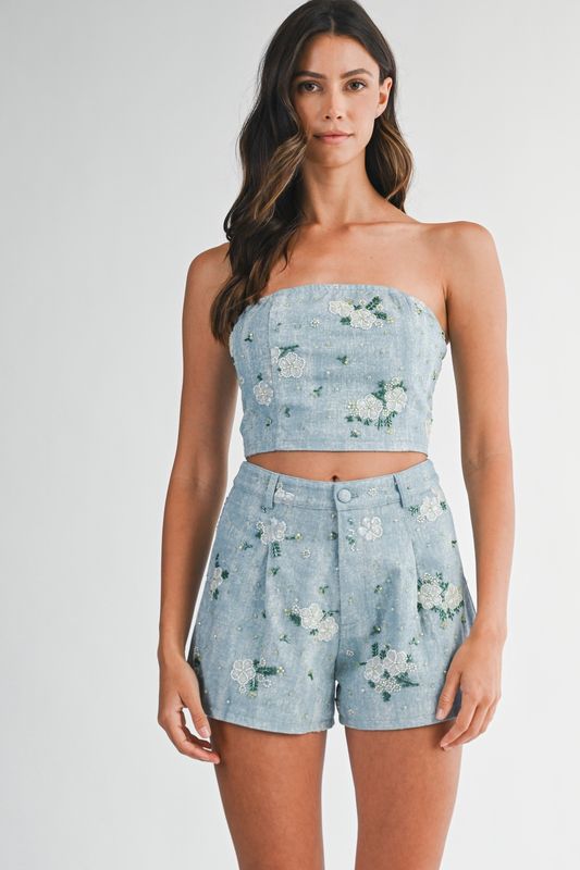 DELPHINÉ BEADED DENIM TUBE SHORT SET